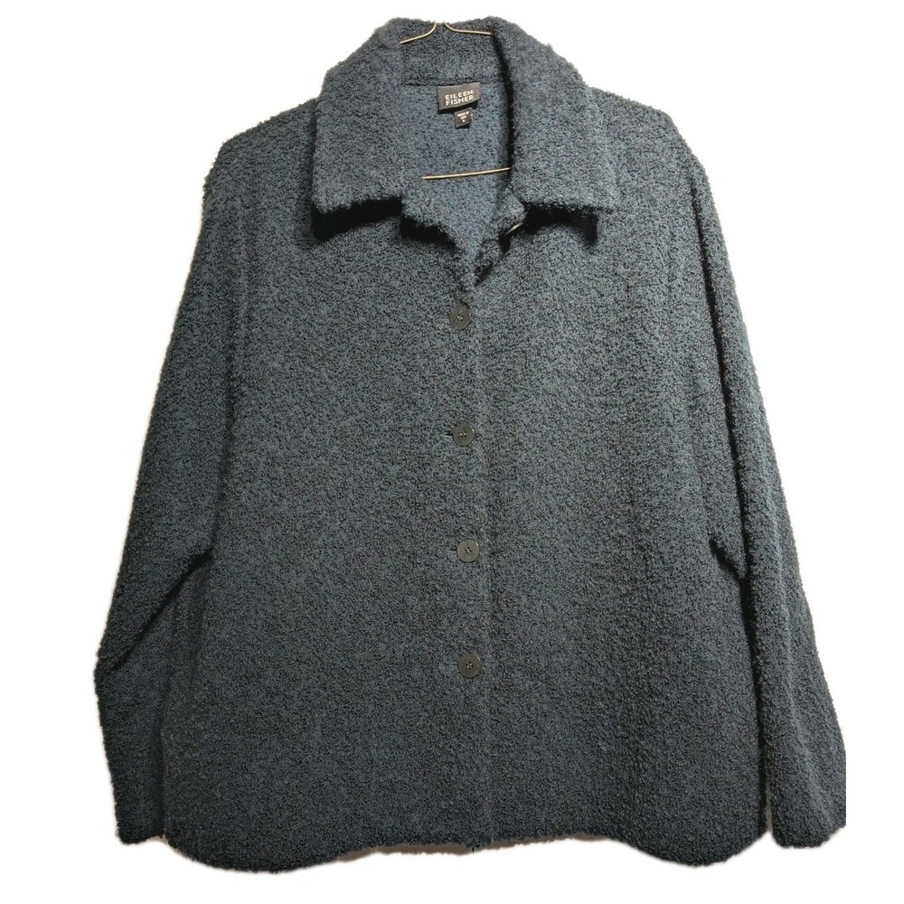 Eileen Fisher Jacket Womens L Teal/Blue Boucle Wool Button Up Lined USA Pockets